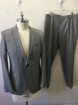 BOSS, Black, Gray, Wool, Solid, Gray and Black Micro Weave, Notched Lapel, 2 Button Front, Pocket Flap,