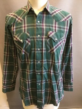 Mens, Western, WESTERN CRAFT, Green, White, Purple, Yellow, Cashmere, Plaid, 17/34, Collar Attached, Long Sleeves, Pearl Snap Front, Pocket Flaps
