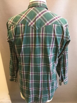 Mens, Western, WESTERN CRAFT, Green, White, Purple, Yellow, Cashmere, Plaid, 17/34, Collar Attached, Long Sleeves, Pearl Snap Front, Pocket Flaps