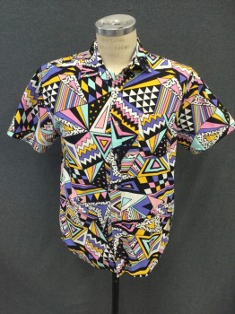 SUPER MASSIVE, White, Black, Pink, Mint Green, Yellow, Cotton, Abstract , Triangular Abstract 80's Vibe, Button Front, Collar Attached, Short Sleeves, 1 Pocket
