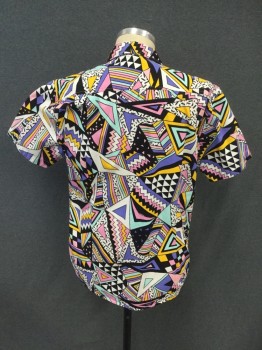 SUPER MASSIVE, White, Black, Pink, Mint Green, Yellow, Cotton, Abstract , Triangular Abstract 80's Vibe, Button Front, Collar Attached, Short Sleeves, 1 Pocket
