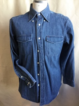 TOMMY HILFIGER, Blue, Cotton, Solid, Blue Denim, Collar Attached, Button Down, Button Front, 2 Pockets with Flap, Long Sleeves,