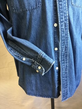 TOMMY HILFIGER, Blue, Cotton, Solid, Blue Denim, Collar Attached, Button Down, Button Front, 2 Pockets with Flap, Long Sleeves,