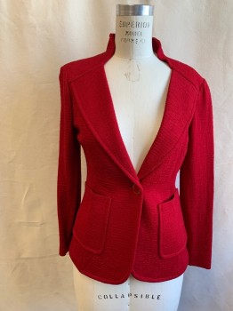 Womens, 1990s Vintage, Suit, Jacket, ST. JOHN, Red, Wool, Solid, W28/30, B 36, Slubbed, Single Breasted, 1 Gold/Red Stone Button, Novelty Stand Collar, Lapel Attached to Yoke, 2 Patch Pockets, Long Sleeves