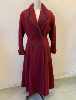 N/L MTO, Red Burgundy, Black, Wool, Solid, Double Breasted, Black Gimp Trim and Lapel and Cuffs, Black Corded Buttons, Ankle Length, Paisley Lining, Made To Order