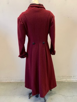 N/L MTO, Red Burgundy, Black, Wool, Solid, Double Breasted, Black Gimp Trim and Lapel and Cuffs, Black Corded Buttons, Ankle Length, Paisley Lining, Made To Order