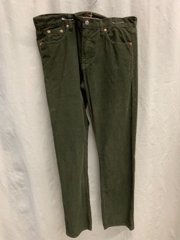 Mens, Casual Pants, CIVILIANAIRE, Olive Green, Cotton, 36/33, Corduroy, Side Pockets, Zip Front, Flat Front