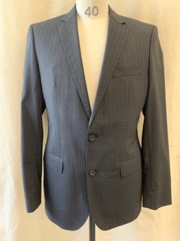 Mens, Suit, Jacket, HUGO BOSS, Charcoal Gray, Lt Gray, Brown, Wool, Stripes - Pin, Stripes - Vertical , 38R, Notched Lapel, Single Breasted, Button Front, 2 Buttons, 3 Pockets