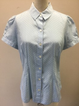 BANANA REPUBLIC, Lt Blue, Silk, Cotton, Dots, Self Dot, Short Sleeve Button Front, Collar Attached, Puffy Gathered Sleeves