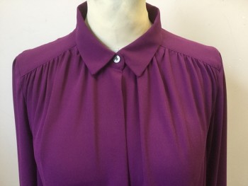 THE LOFT, Magenta Purple, Polyester, Solid, Collar Attached, One Button, Pull Over, Long Sleeves, Gathered Yolk,