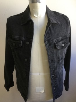 Mens, Jean Jacket, ZARA, Black, Cotton, Elastane, Solid, 36-38, Small, Button Front, 2 Pockets with Flaps, 2 Waist Pockets,
