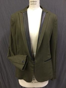 Womens, Blazer, RAG & BONE, Olive Green, Black, Wool, Leather, Solid, 8, Olive Blazer, with Black Leather Detail at Lapel. 1 Hook & Eye Closure at Center Front, Black Leather Detail  at Pocket Trim