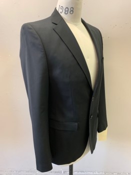ZARA, Black, Wool, Polyester, Solid, 2 Button Front, Notched Lapel, 3 Pockets,