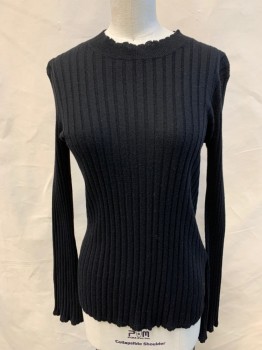 JOIE, Black, Viscose, Wool, Solid, Scallopped Crew Neck, Ribbed Knit, Long Sleeves, Slight Bell Cuff
