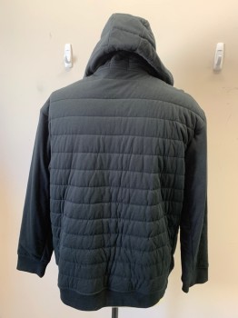 Mens, Casual Jacket, POLO RALPH LAUREN, Black, Cotton, Solid, 2XB, Black Horizontal Quilt, Light Padding, Attached Hood with D-string, Zip Front, 2 Side Pockets with Zipper, Ribbed Knit Long Sleeves Cuffs & Hem
