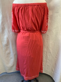 CASLON, Coral Orange, Rayon, Cotton, Floral, Leaves/Vines , 2pc with Matching Belt, Off the Shoulder, Short Sleeves, White Floral & Leaf Embroidery on Sleeves, White Trim on Hem, Hem Above Ankle