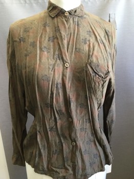 N/L, Brown, Black, Sienna Brown, Polyester, Silk, Floral, Long Sleeves, Missing Buttons, Collar Attached,