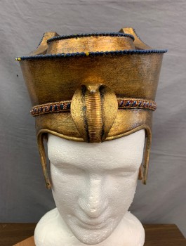 N/L MTO, Gold, Fiberglass, Metallic/Metal, Faux Metal Look, Red and Brown Beaded Edging, Gold Metal Cobra at Center Front, Open Face, Nefertiti Style with Tall Cylindrical Shape That's Higher in Back, Made To Order