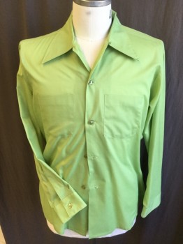 Mens, Shirt, ARROW WEEKENDS, Lime Green, Polyester, Cotton, Solid, 33.4, 16.5, Open Collar , Button Front, 2 Pockets, Long Sleeves, Late 1950's Early 1960's
