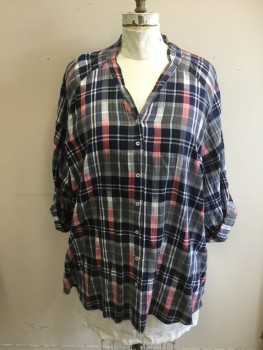 LANE BRYANT, Navy Blue, White, Pink, Baby Blue, Cotton, Spandex, Plaid, Button Front, V-neck, Raglan Long Sleeves, Cuff, Smocked Shoulder, Band Collar with Gathers, Button Tab Roll Up Sleeves
