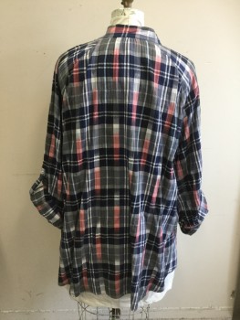 LANE BRYANT, Navy Blue, White, Pink, Baby Blue, Cotton, Spandex, Plaid, Button Front, V-neck, Raglan Long Sleeves, Cuff, Smocked Shoulder, Band Collar with Gathers, Button Tab Roll Up Sleeves