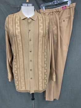 Mens, Suit, Jacket, SILVERSILK, Camel Brown, Polyester, Acrylic, Solid, 3XL, Sweater Shirt, Knit Front/Collar, Woven Back/Sleeves, Ribbed Knit Front with Greek Key Vertical Knit, Collar Attached, Button Front, Brass Studded, Long Sleeves, Button Cuff