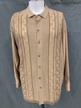 Mens, Suit, Jacket, SILVERSILK, Camel Brown, Polyester, Acrylic, Solid, 3XL, Sweater Shirt, Knit Front/Collar, Woven Back/Sleeves, Ribbed Knit Front with Greek Key Vertical Knit, Collar Attached, Button Front, Brass Studded, Long Sleeves, Button Cuff