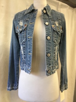 Womens, Jean Jacket, TRUE RELIGION, Denim Blue, Cotton, Solid, XS, Button Front, Collar Attached, 2 Pockets, Western Yolk, True Religion Horse Shoe Pocket Embroidery, Distressed