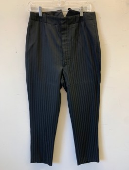 Mens, Historical Fiction Pants, N/L MTO, Black, Wool, Stripes - Vertical , Ins:29, W:30, Self Stripe, Flat Front, Button Fly, Suspender Buttons, Darts at Waist, Vent at Center Back Waist, Made To Order Reproduction, Victorian