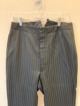 Mens, Historical Fiction Pants, N/L MTO, Black, Wool, Stripes - Vertical , Ins:29, W:30, Self Stripe, Flat Front, Button Fly, Suspender Buttons, Darts at Waist, Vent at Center Back Waist, Made To Order Reproduction, Victorian