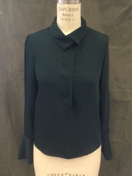 BABATON, Forest Green, Polyester, Solid, 1/2 Button Front, Hidden Placket, Buttons Towards Body, Crossover Collar Attached with Button Loop Closure, Long Sleeves, Extended Cuff