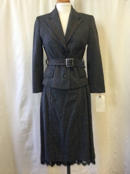 Womens, Suit, Jacket, KAREN MILLEN, Black, Gray, Brown, Wool, Polyamide, Novelty Pattern, 4, Notched Lapel, Collar Attached, 3 Buttons,  Brown Faux Leather Trim, 2 Pockets, Belt