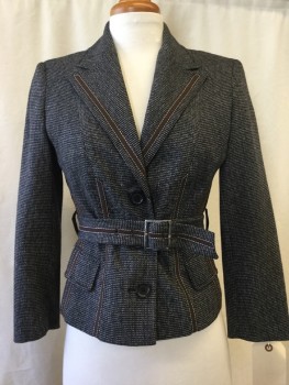 Womens, Suit, Jacket, KAREN MILLEN, Black, Gray, Brown, Wool, Polyamide, Novelty Pattern, 4, Notched Lapel, Collar Attached, 3 Buttons,  Brown Faux Leather Trim, 2 Pockets, Belt