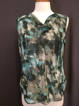 JONES NEW YORK, Sea Foam Green, Olive Green, Sage Green, Polyester, Mottled, Large Scale Mottled Print of Various Greens on Poly Chiffon. Draped Neckline Front, Sleeveless