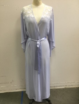 Womens, SPA Robe, OSCAR DE LA RENTA, Lavender Purple, White, Polyester, Solid, Floral, S, Sheer Chiffon, Net with Lavender and White Floral Embroidery at Shoulders, 3/4 Sleeves with Bias Cut Foldover Detail, Ankle Length with Satin Panel at Waist, **With BELT - Satin Fabric