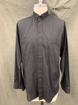 Unisex, Shirt, SUMMER COMFORT, Black, Poly/Cotton, Solid, 34/35, 15.5, Button Front with Hidden Placket, Long Sleeves, Collar Attached Tacked Down, 2 Pockets, Priest, Clergy