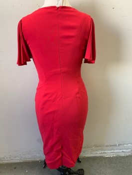 KAREN MILLEN, Cherry Red, Viscose, Elastane, Solid, Flowy Gathered Short Sleeves, V-neck, Gathered Bust, Form Fitting Wiggle Dress, Just Below Knee Length, Invisible Zipper in Back