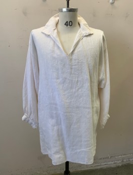 Mens, Historical Fiction Shirt, JAS TOWNSEND & SON, White, Linen, Solid, M, Pullover, Long Sleeves, Collar Attached, V-neck, Historical Reproduction