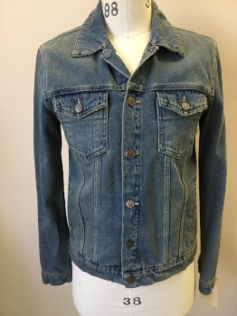 Mens, Jean Jacket, TOPMAN, Blue, Cotton, Faded, S, Button Front, Collar Attached, 4 Pockets, Aged/Distressed,