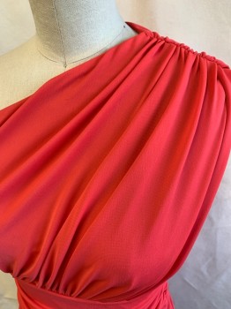 "H" HALSTON, Coral Pink, Polyester, Elastane, Solid, One Shoulder, All Over Ruching, Side Zipper, Invisible Zipper