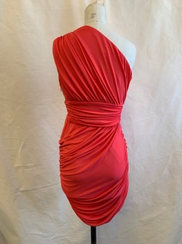 "H" HALSTON, Coral Pink, Polyester, Elastane, Solid, One Shoulder, All Over Ruching, Side Zipper, Invisible Zipper
