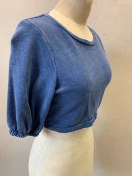 Womens, Top, BLUE LIFE, Blue, Cotton, Polyester, Faded, S, Wide Crew Neck, Short Sleeves, Elastic Cuffs, Cropped, Pullover,