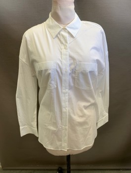 Womens, Blouse, A.N.A, White, Cotton, Solid, L, Collar Attached, Button Front, Long Sleeves, 2 Pockets. Slit Hem at Back
