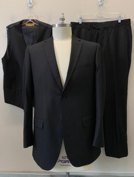 Mens, Suit, Jacket, ALBERTO NARDONI, Black, Wool, Polyester, Solid, 42R, Self Stripe, 2 Button, Flap Pockets, Double Vent