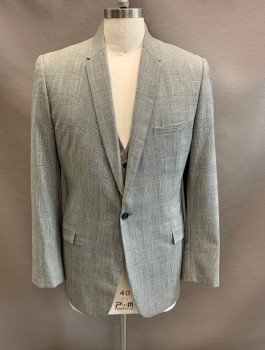 Mens, Suit, Jacket, HIGH SOCIETY, Black, White, Wool, Glen Plaid, 40R, Notched Lapel, Single Breasted, Button Front, 1 Button, 3 Pockets