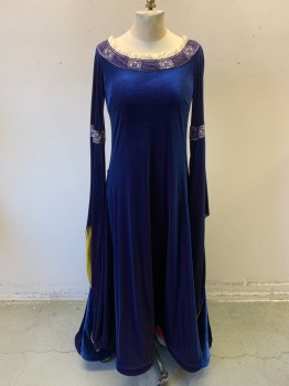 MTO, Indigo Blue, Dk Purple, Polyester, Solid, Velour, Medieval Maiden, Flared Long Sleeves, Cream Ruffle Trim and Purple Brocade Trim at Scoop Neck, Lace Up in Back,  Floor Length, Horsehair Structure at Hem