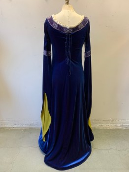 Womens, Dress, MTO, Indigo Blue, Dk Purple, Polyester, Solid, W26, B32-34, Velour, Medieval Maiden, Flared Long Sleeves, Cream Ruffle Trim and Purple Brocade Trim at Scoop Neck, Lace Up in Back,  Floor Length, Horsehair Structure at Hem