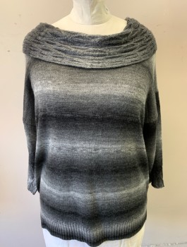 Womens, Pullover, SAG HARBOR WOMAN, Gray, Charcoal Gray, Black, Acrylic, Polyester, Stripes - Shadow, Ombre, 1X, Knit, 3/4 Sleeves, Cabled Cowl-Neck