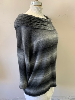 Womens, Pullover, SAG HARBOR WOMAN, Gray, Charcoal Gray, Black, Acrylic, Polyester, Stripes - Shadow, Ombre, 1X, Knit, 3/4 Sleeves, Cabled Cowl-Neck