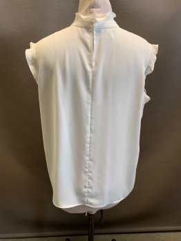 Womens, Top, MING WANG, White, Polyester, Solid, L, Stand Collar, Ruffles At Neck & Arm Holes, Cap Sleeves, Key Hole At Back